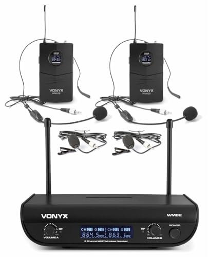 Vonyx WM82B Digital - Sistema Radiomicrofono Digitale UHF, 2 Canali, 2x Microfoni Headset & Trasmettitore Tascabile, Fino a 50 m di Copertura, Valigia di Trasporto