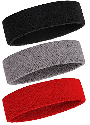 ONUPGO Fascia per il sudore per uomini e donne, 3 fasce sportive per capelli, traspirante, in spugna di cotone, assorbe il sudore, 3 nero/grigio/rosso
