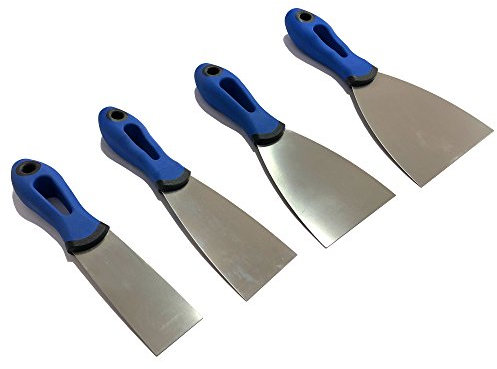 DEWEPRO® Profi Gipsspachtel 4er Set - Breite: 40mm, 60mm, 80mm und 100mm - Gipserspachtel & Malerspachtel - Rostfreies Edelstahlblatt - Ergonomischer 2-Komponenten-Griff