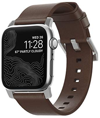 NOMAD Echtlederarmband für Apple Watch 38/40/41 mm Modern Leather Strap Verschluss Silber, braun