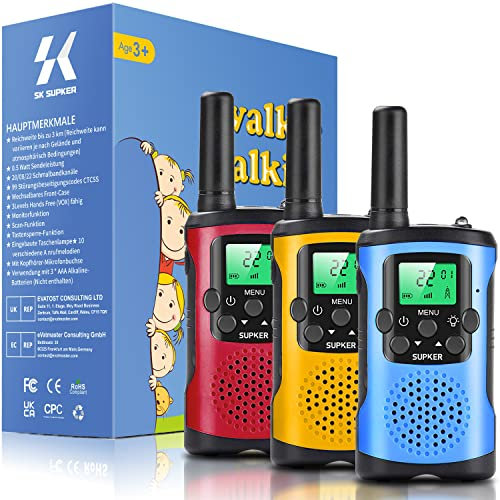 Walkie Talkies für Kinder 3er Pack, 8 Kanäle 2 Wege Radio Kinder Spricht Spielzeug für 3 bis 12 Jungen Mädchen Geschenk, 3 KM Lange Reichweite für Outdoor Camping Spiel
