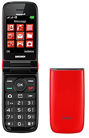 Brondi Magnum 4 Telefono Cellulare Maxi Display, Tastiera Fisica Retroilluminata, Dual Sim, 1.3 MP, Li-ion 800 mAh, Flip Attivo, Rosso