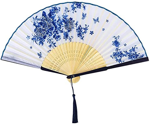 Yukiyi Abanico plegable de mano para mujer, bambú y tela de seda, con borla, decoración de pared, fiesta de boda, color blanco 1