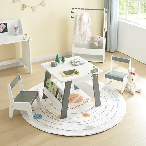 Panana Wooden Kids' Children's Table with 2 Chairs Stools for Preschoolers Boys and Girls Activity Build & Play Table Chair Set (With Bookshelf Style), T2T3WG
