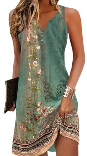 Yeenily Damen Bohemian Ärmellos Kleid V-Ausschnitt Blumenmuster Tunikakleider A Linien Lose Lässiges MiniKleid Freizeitkleid(Ärmellos Grün,L)