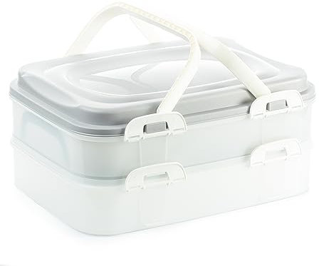 LIVINJA Kuchen Transportbox & Cupcake/Muffin Transportbox - 1er Partycontainer, Kuchenbehälter mit praktischem Hebeeinsatz, Clickverschlüssen & Tragegriffen, 2 Etagen, 40x30x18cm, Made in EU, Grau