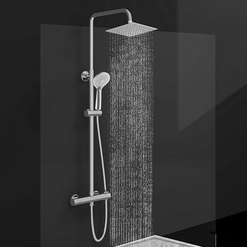 Biubiubath Colonne de Douche Thermostatique Kit de Douche pour Salle de Bain avec Douchette 3 Jets Chromé (carré 1)