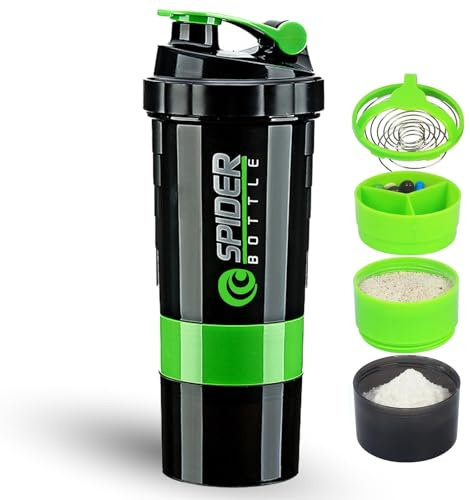 DDUP Protein Shaker Bottle, 16oz 3 Layer Twist Off GYM Shaker Cup Shake Bottle with Mix Grid and Pill & Supplement Storage,Leak Proof Shaker for Protein Shakers (Green)