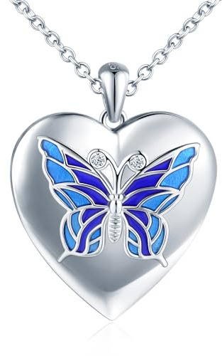 MICMIF Argento 925 Foto Medaglione Cuore con Farfalla Collana Donna Ciondolo Portafoto Personalizzata, Collana Locket Apribile per 2 Foto, Catena 45+5cm per Donne Ragazze Mamma