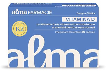 Vitamina D Alma Farmacie, Integratore Alimentare per il Mantenimento della Salute delle Ossa e il Normale Funzionamento del Sistema Immunitario, con Vitamina K2, 30 Capsule