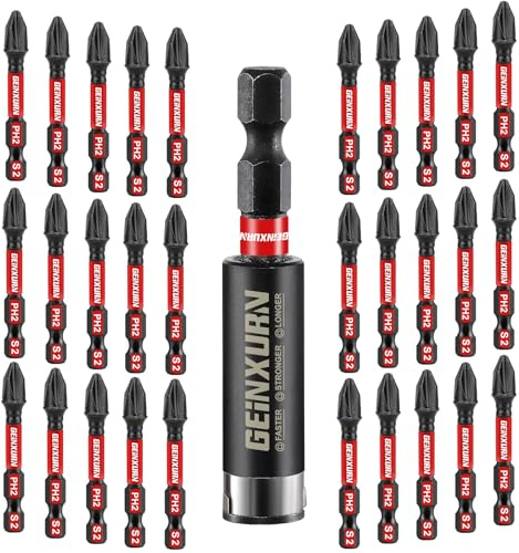Geinxurn PH2 Schrauber Kreuzschlitz Bit Set, 30 Stück 50mm #2 Phillips 1/4 zoll Sechskantschaft S2 Legierter Schlagfester Stahl Bitsatz mit 1 Stück 60mm Magnetisch Bit-Halter, Bulk