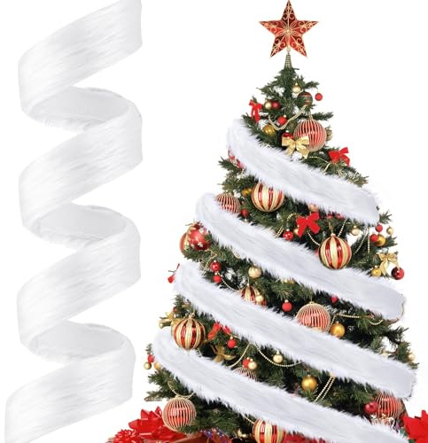 Pelliccia Sintetica Natale, 150 cm Nastro in Pelliccia Sintetica, Barba per Gnomi Natalizio, Tessuto di Pelliccia Artigianale, per Decorare l'albero di Natale, Barba per Gnomi Fai Da Te (Bianco)