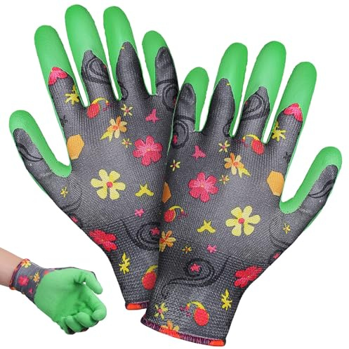 HOLIDYOYO Guantes de Jardinería de Látex Resistentes con Abertura Elástica Antipunción y Antidesgaste Diseño Ergonómico para Hombre y Mujer Verde con Estampado