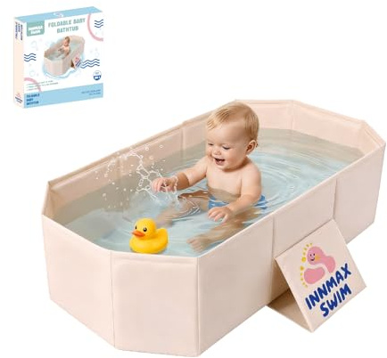 Foldable Baby Bath tub, Collapsible Non-Slip Shower Tray for Kids, Portable Toddler Bath Tub with Drain Plug, All-in-One Design Bathroom Baby Bathtub