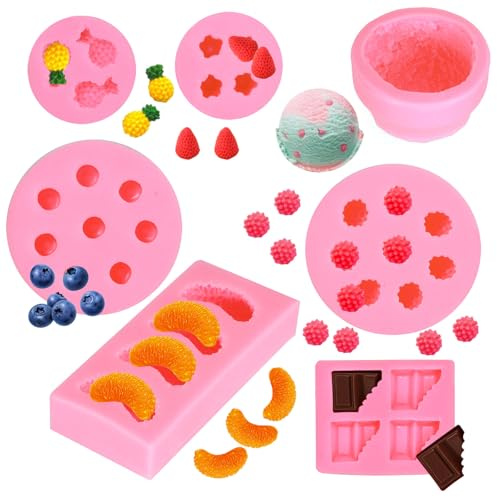 Kit Completo de 7 Moldes de Silicona para Hacer Velas Caseras, Gelatina, Chocolate, Jabón y Fondant - Incluye Formas de Fruta Fresca, Bola de Hielo y Diseños Creativos para Proyectos DIY