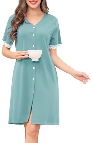 Wikoan Nighties for Women Nightdress Cotton Short Sleeve Nightshirt Button Down Soft Nightgown V-Neck Sleepwear Summer Sleepshirts with Pockets S-3XL