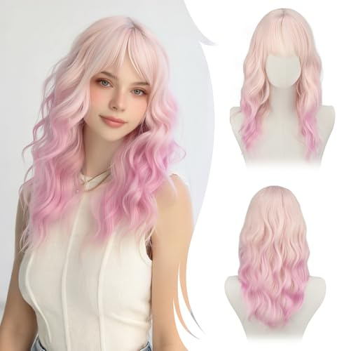 RUWISS Rosa färggradient lång vågig peruk med lugg för kvinnor, 50 cm Layered peruk damer, naturlig syntetisk värmebeständig peruk för vardag fest cosplay halloween