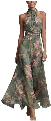 Robe Femme Chic Et Elegant Vintage sans Manche Dos Nu Robe Longue en Mousseline De Soie à Imprimé Floral pour Femme Fleurs Robes De Ceremonie Printemps ÉTé Cocktail, Mariage Casual (Green, S)