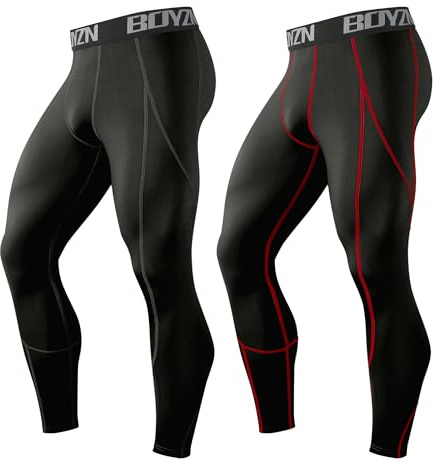 Boyzn Herr 2-pack sport kompressionsbyxor snabbtorkande aktiv baslager tights träning löpning leggings med fickor, Förpackning med 2 svart/svart (röda ränder), XXL