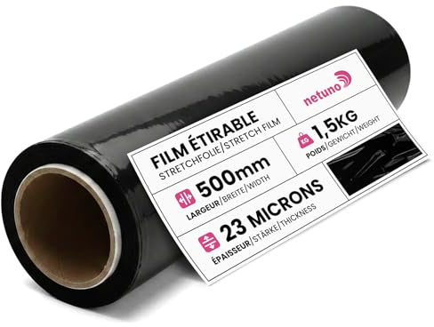 Netuno 1 rouleau de film étirable noir 23 microns 500mm 1,5kg film pour palettes emballage étirable rouleau de plastique extensible pour emballer colis protection plastique emballage déménagement
