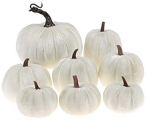 Gresorth 8pcs Assorti Taille Faux Fait à la Main Blanc Velours Citrouille Artificielle Automne Moisson Halloween Décoration Maison Cuisine