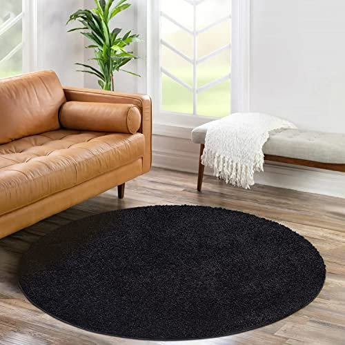 carpet city Shaggy Hochflor Teppich - Rund 80 cm - Schwarz - Langflor Wohnzimmerteppich - Einfarbig Uni Modern - Flauschig-Weiche Teppiche Schlafzimmer Deko