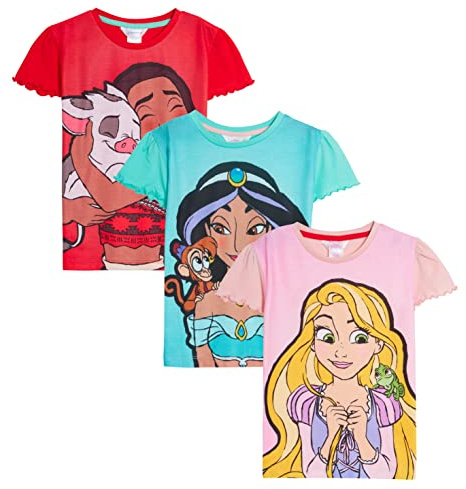Disney Camisetas de princesas para niñas (3 unidades) Jasmine Moana Rapunzel Vestido de disfraz Parte superior de manga corta, multicolor, 5-6 años