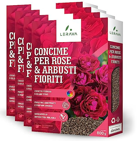 LERAVA® Concime Rose organico (4x800g) - Concime per rose in vaso e terra - Crescita vigorosa e colori vivaci - 100% biologico Made in Italy - Con tappo dosatore - Fertilizzante rose naturale