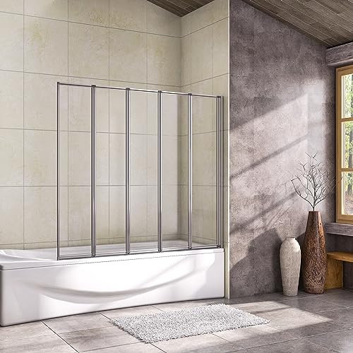 OCEAN ITALY Parete per Vasca da Bagno Doccia 120x140 cm 5 Ante Pieghevoli a Libro Vetro Temperato Trasparente 4 mm Incorniciato Cromato Lucido