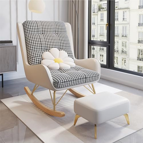 LOERSS Moderner Gepolsterter Kinderzimmer-gleiter, Bequemer Beistellstuhl, Moderner Schaukelstuhl, Lounge-Stuhl, Schaukelstuhl Mit Holzsockel, Moderner Bequemer Sessel Für Schlafzimmer(Beige)