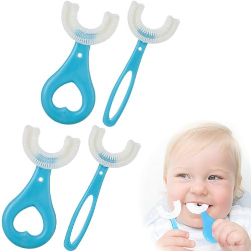 4 Pezzi Spazzolino Denti Silicone Forma U, Spazzolino Bambini Bocca Piena, Adatto 2-3-6-12 Anni, Massaggia Gengive Denti Puliti Lgiene Orale a 360° (Blu)