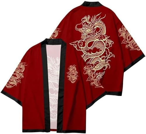 FZKun Cardigan kimono giapponese da uomo e donna, stile vintage con drago stampato in 3D, camicia kimono accappatoio cardigan yukata noragi Happi Coat, M