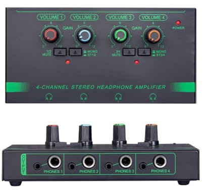 H.May Amplificateur de Casque stéréo 4 canaux, amplificateur Audio Portable RVB,Quatre Prises de Casque 3,5 ;Quatre Prises de Casque 6,35 mm,pour Les Studios,Les scènes,Les Studios d'enregistrement
