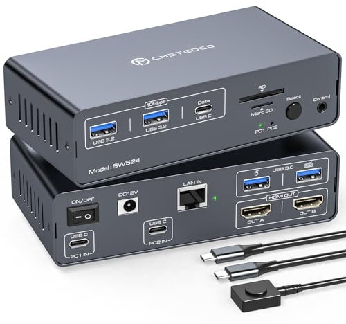 USB C Docking Station with KVM Switch for 2 Monitors & 2 Computers 4K@60Hz HDMI Dual Monitor Support, EDID Emulation Share 1G Ethernet, 5 USB A/C Ports & SD/microSD Slots for Mac/Laptops