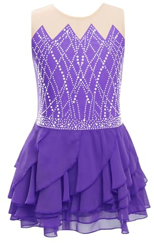 RUNQHUI Robe Patinage Artistique Fille Justaucorps Strass sans Manches Tenue Gymnastique Danse Compétition Spectacle B Violet 11-12 Ans