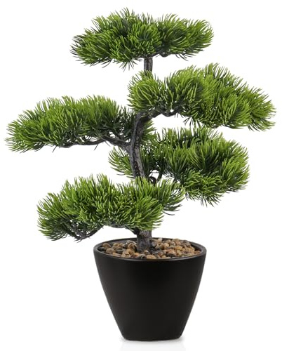 GOVIRAYE 33cm Artificial Pine Bonsai Tree in Ceramic Black Pot, UV Resistant Fake Plants with Stone for Home Decor, Realistic Indoor for Living Room Office, Low Maintenance Faux Greenery