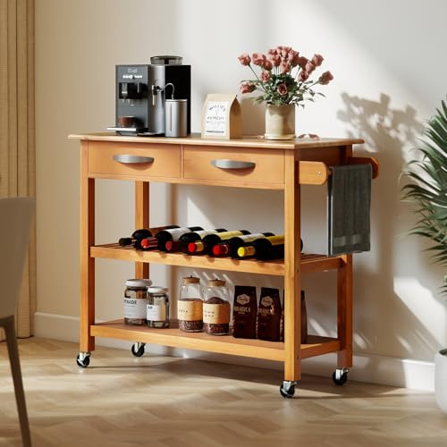 RELAX4LIFE Carrello Cucina Salvaspazio con Ruote in Legno, con 2 Cassetti, 2 Ripiani Aperti e Maniglia Laterale, Facile da Spostare, Stile Rustico, Naturale (NATURALE)