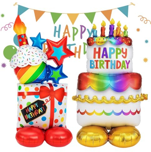 Helium Balloons Birthday, 2PCS Happy Birthday Helium Balloon with Colourful Base, Double Layer Cake Aluminium Foil Balloons for Party Decorations, Surprise Gift Unveiling, Photo Backdrop