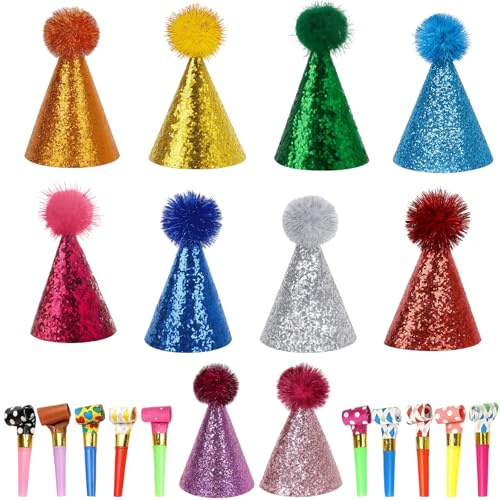 JcvPot 10 Stück Partyhüte für Kuscheltiere, Mini Partyhüte für Kindergeburtstag, Bunte Partyhütchen mit 10 Nasenpfeifen und 10 Blasrohren, Festliche Accessoires für Geburtstagsfeiern und Feste