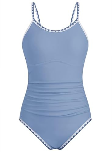 XiaoMoSha Swimming Costume Girls One Piece Bathing Suit with Adjustable Straps Color Contrast Trim for Teens Girls, 15-16 Years, Dark Blue