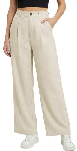 Muwodkdn Pantalon Femme Fluide Été Chic et Elegant Taille Haute Beige XL