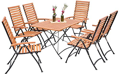 MERXX Gartenmöbelset, 7tlg., 6 Sessel, Tisch 120x80cm, klappbar, Eukalyptus, braun braun, schwarz