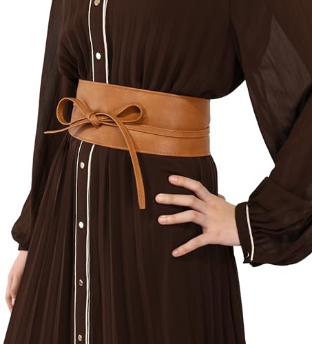FASHIONGEN Obi Belt for Women – Wide Waist Belt in Faux Leather, MICA - Camel, Small/Medium