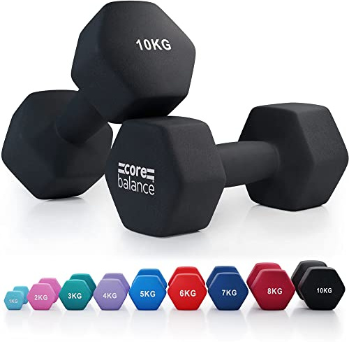 Core Balance 10kg Dumbbell Pair Hex Weight Neoprene Coated Cast Iron Strength Training (Black)