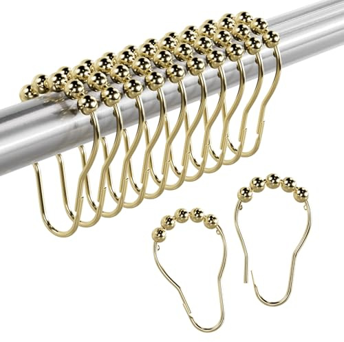 Amazer Shower Curtain Rings, Rust-Resistant Metal Shower Hooks Ring Shower Rings for Curtain Rolling Shower Curtain Hooks for Bathroom Shower Rod Shower Curtain Hangers, Set of 12, Gold