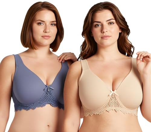 Curve Muse De las Mujeres Sin Forro Aros Cordón Sostén con Acolchado Hombro Correas-Paquete de 2-Desnudo,Azul Polvoriento-100C