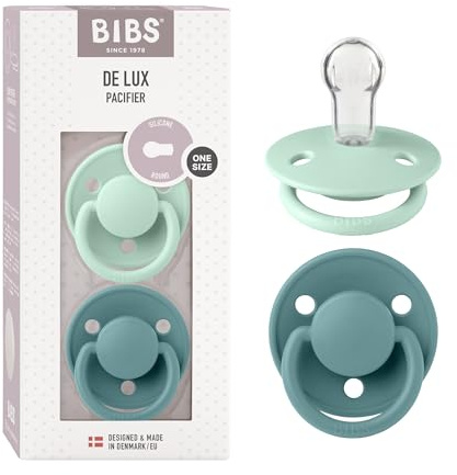BIBS De Lux Napp, 0+ månader, 2-pack, rund, Nordic Mint/Island Sea | Silikon | En storlek | BPA-fri | Tillverkad i Danmark | Hög acceptans | Ventilationshål | Bekväm sköld