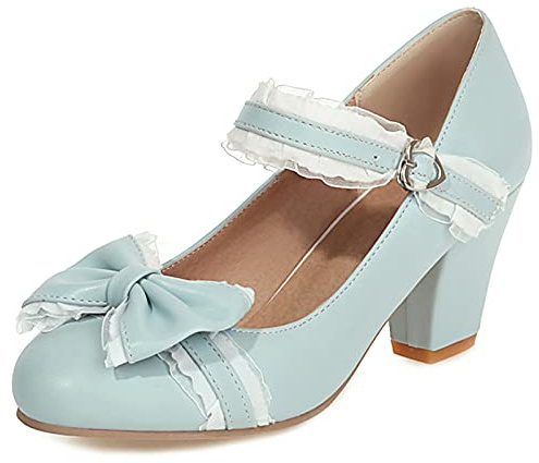 Lizoleor Mary Janes Femme Talon Carré Haut Bout Fermé Bride Cheville Fille Mariage Fête Été Robe Noeud Lovely Bleu Taille 40 EU/41CN