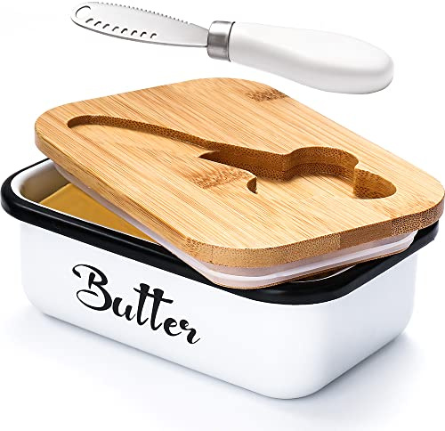 Butter Dish with Lid: Butter Dish for Countertop- AISBUGUR Metal Butter Keeper with Stainless Steel Multipurpose Butter Knife,Large Butter Container with Silicone Home Decor Kitchen Gift White