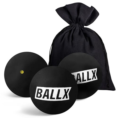 BallX® Squash Bälle Gelber Punkt XS2000 [3ER Set] - Squashbälle für Fortgeschrittene - Ball mit Wettkampfgröße - Langlebige Squashspiel Bälle mit Baumwollsäckchen - Squashball Set - Squash Ball